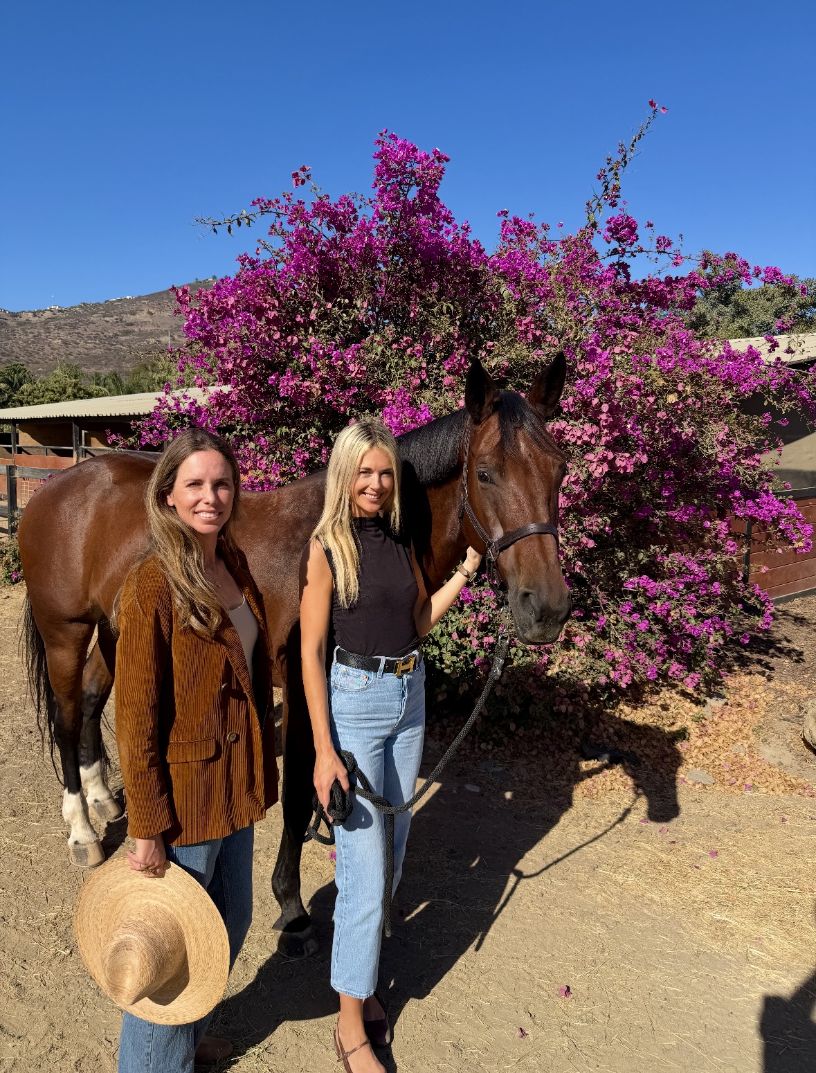 Co-founders Brooke Rosier and Danielle Wise standing with a bay horse in front of blooming bougainvillea