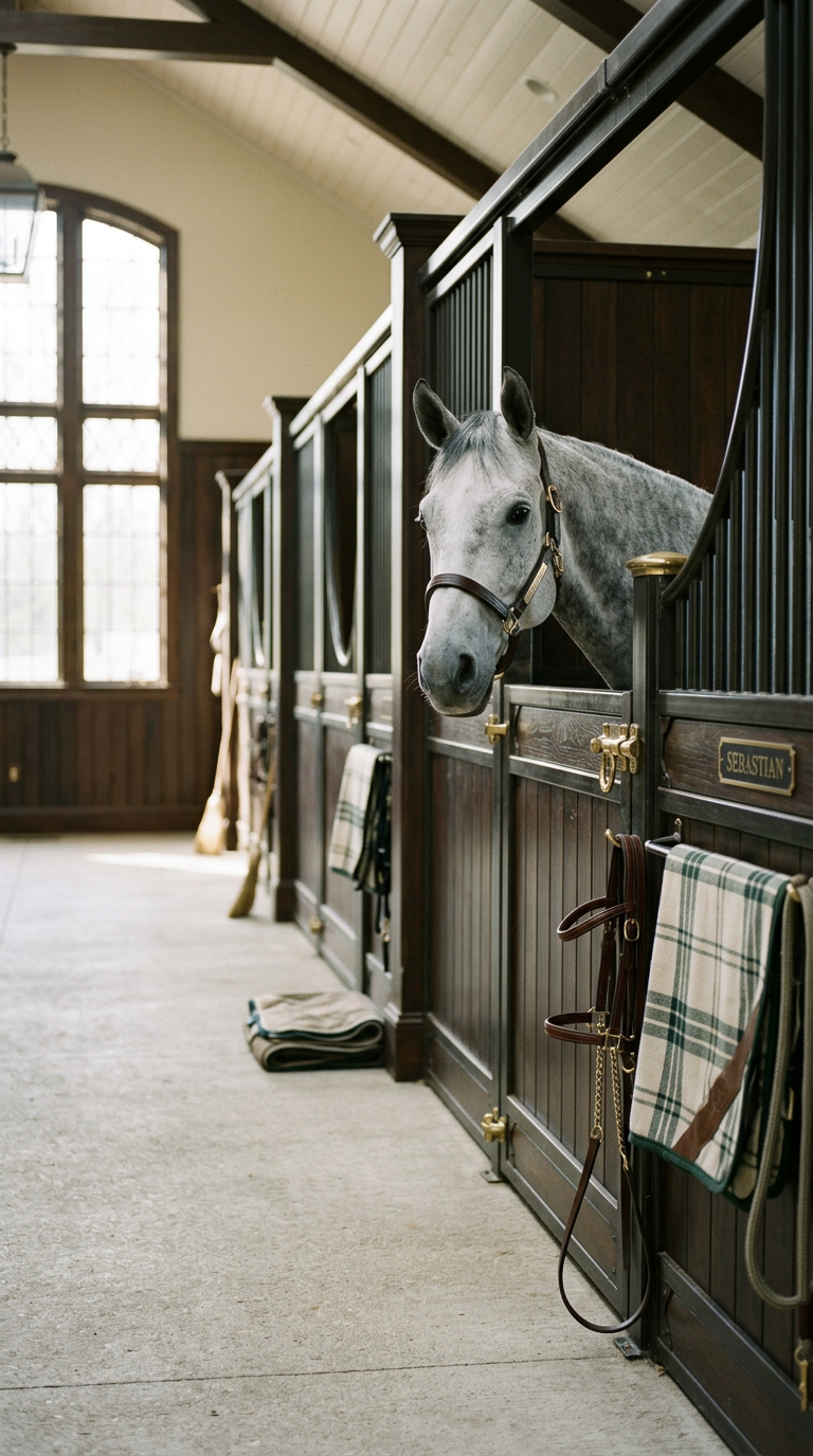 A grey horse looking out from a stall in a light-filled stable aisle