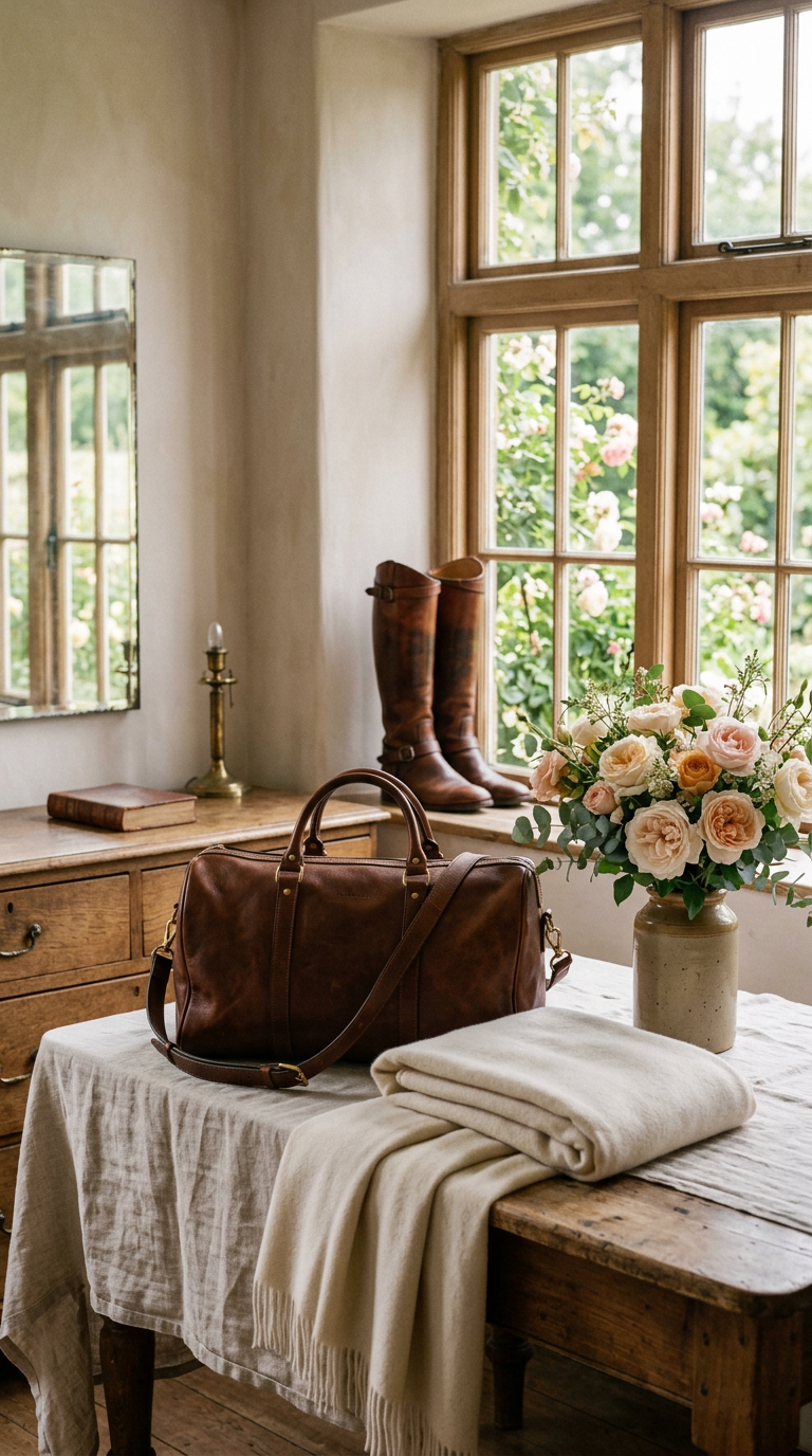 A leather weekender, riding boots, and garden roses in a sunlit interior
