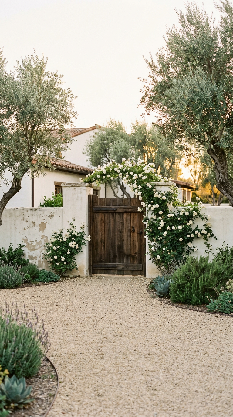The gated entrance of a whitewashed California estate framed by olive trees
